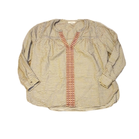 JCrew Womens Blouse Sz 4P Grey Red Embroidered Striped Peasant Blouse V Neck - Picture 2 of 9